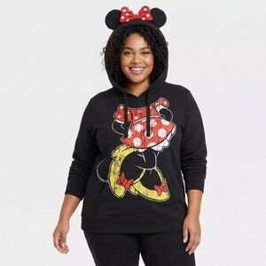 Disney Parks Minnie Mouse Ear Hoodie XXL Black Red Bow Polka Dot Pullover Rare